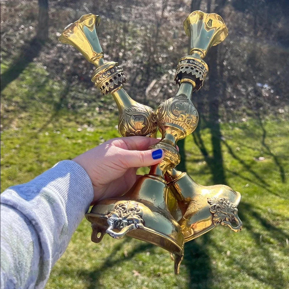 Antique Shabbat Sabbath Brass Candlesticks by Fraget Warszawa Poland Judaica